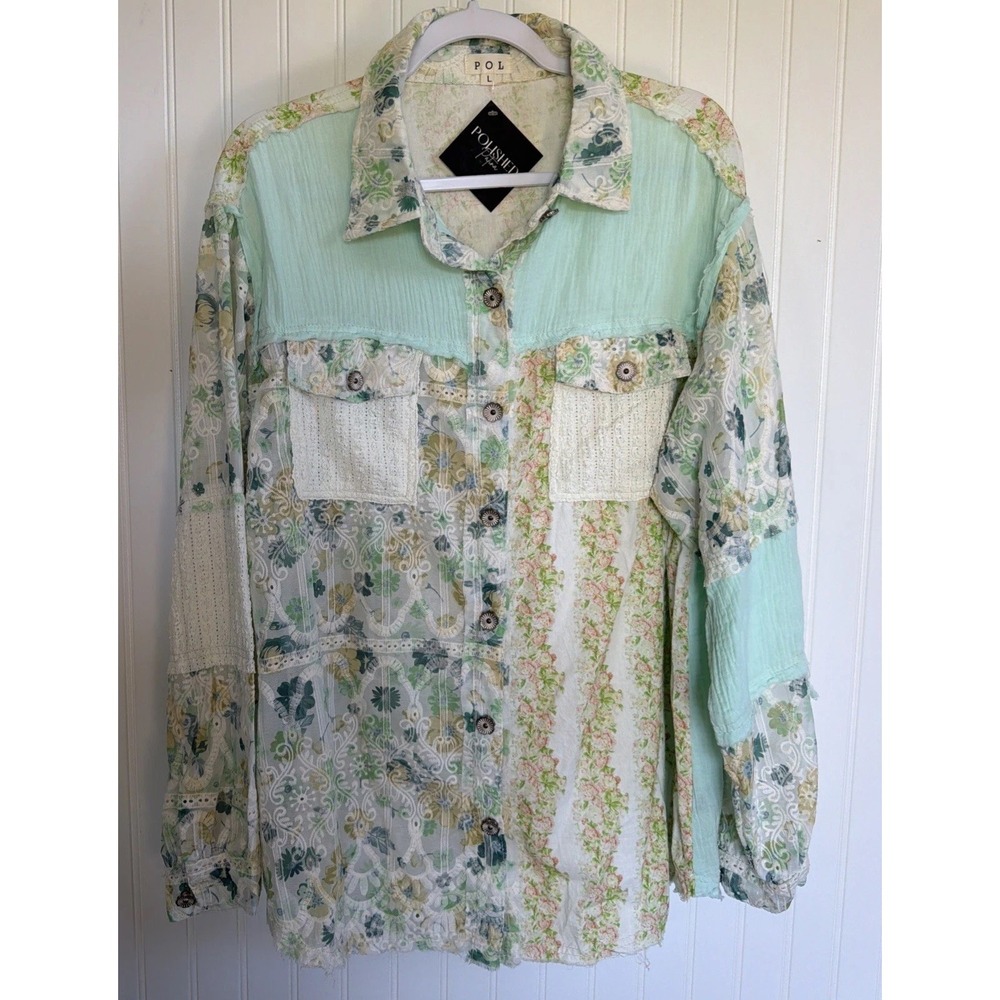 POL New Women's Bohemian Blouse Size L Floral Lace Gauze Cotton Lightweight